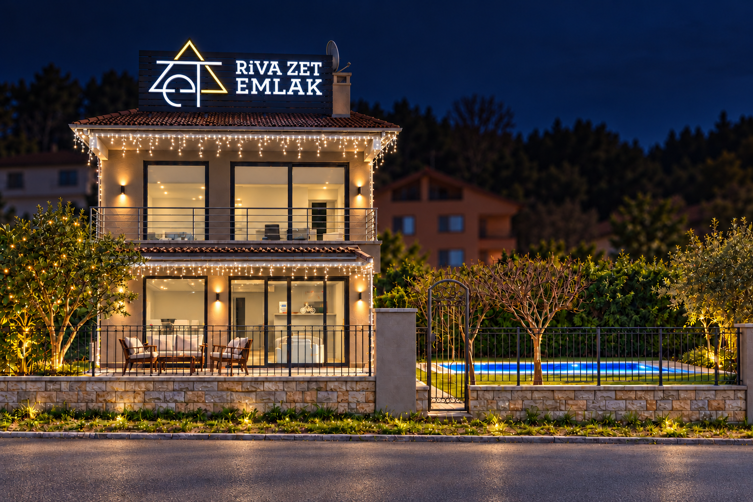 Riva Zet Emlak ofisinin gece görünümü