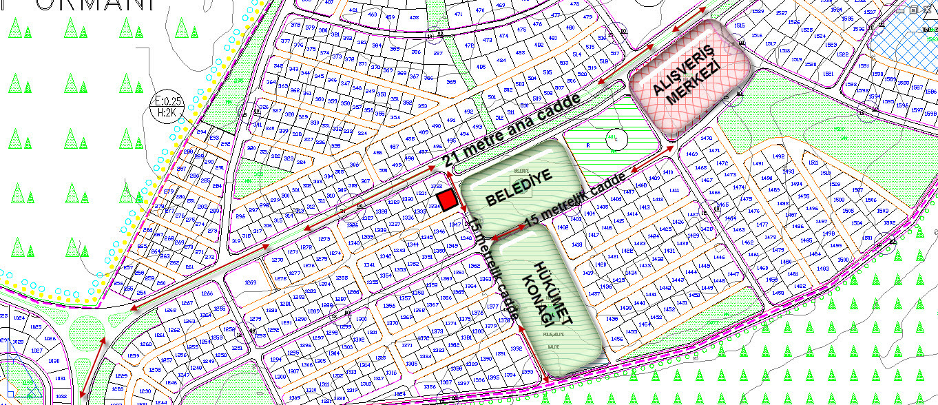 Belediye alanı ve çevredeki plan gösterimi