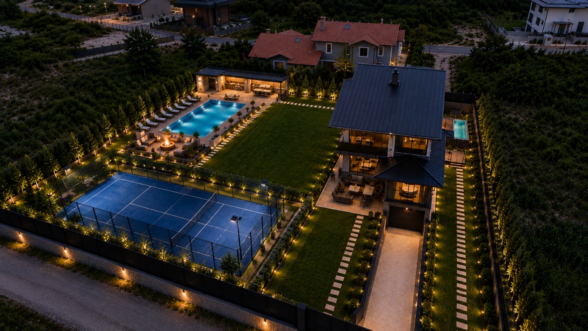 Padel kortu, havuz ve sosyal alanlar için örnek proje