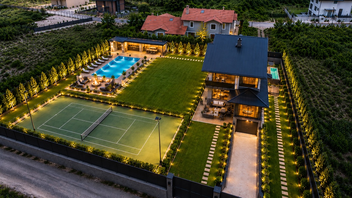 Tenis kortu, havuz ve peyzaj için örnek proje