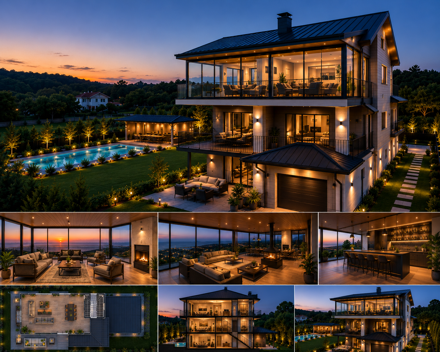 Villa ve açık yaşam alanları için temsili tasarım kolajı