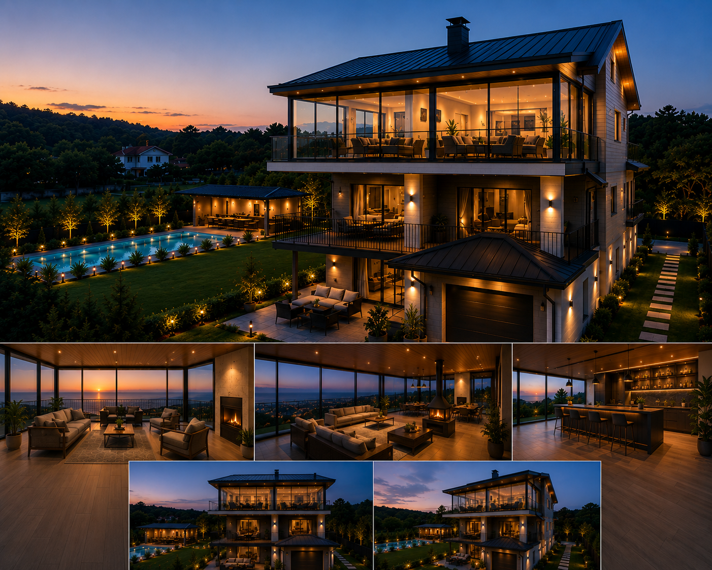 Villa, havuz ve sosyal alanlar için temsili tasarım kolajı