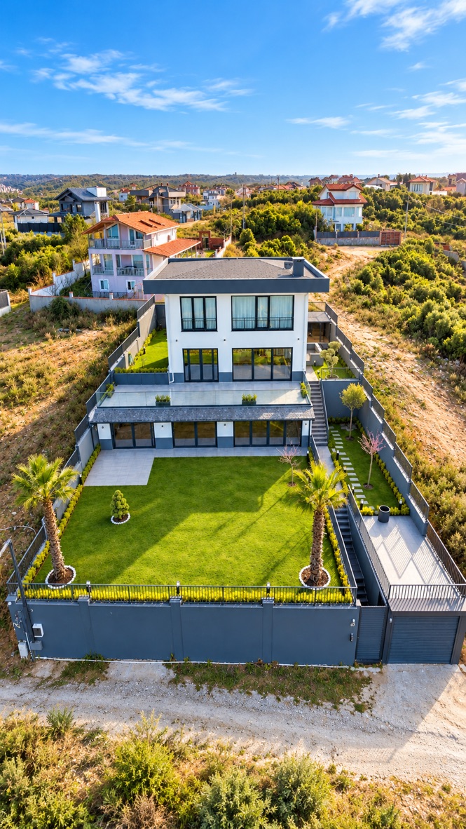 Villa ve bahçenin drone görünümü