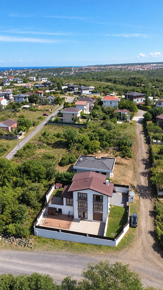 Villa ve çevresinin drone görünümü